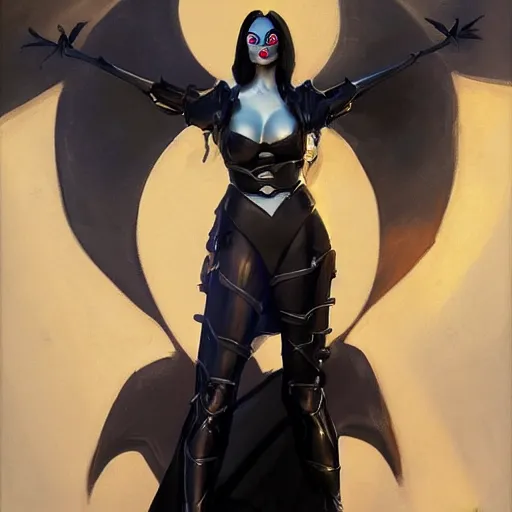 Image similar to greg manchess portrait painting of armored morticia from addams family as overwatch character, medium shot, asymmetrical, profile picture, organic painting, sunny day, matte painting, bold shapes, hard edges, street art, trending on artstation, by huang guangjian and gil elvgren and greg rutkowski