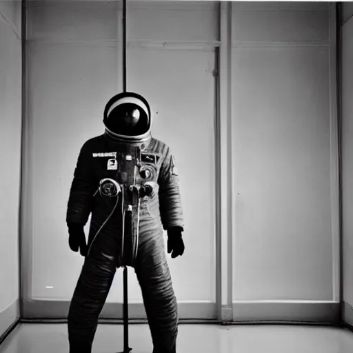 Image similar to portrait of a soviet astronaut in the empty room, black & white photo by annie leibovitz