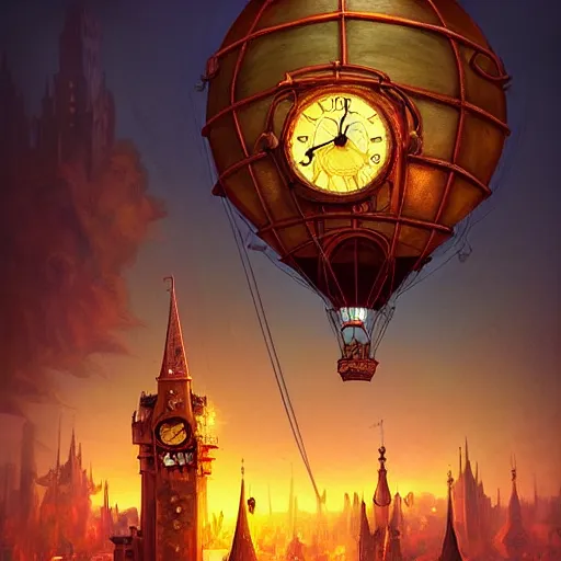 Image similar to a beautiful stunning fantasy whimsical matte digital illustration of a scene of a steampunk! hot - air balloon over a lit steampunk! city at night by marc simonetti, pastel color palette, disney magic the gathering steampunk!!!, chiaroscuro magical! bokeh moon stars dramatic romantic! epic breathtaking, clock tower,, trending on artstation hq, masterpiece