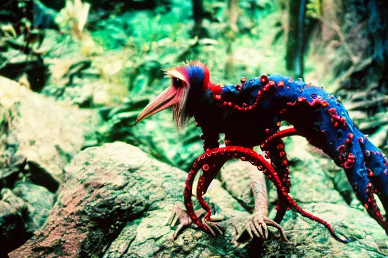 Prompt: a photo of a tentacruel mandrill in its natural habitat, kodak ektachrome e 1 0 0 photography