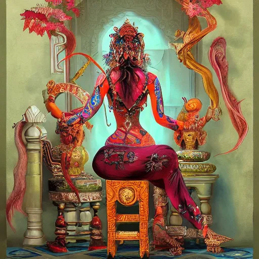 Image similar to a beautiful painting of a demon sitting on top of a chair, a high detailed painting by ram chandra shukla, by ali akbar sadeghi, pixiv contest winner, bengal school of art, symmetrical, coherent, maximalist, trending on artstation