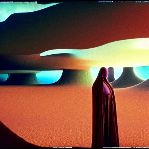 Prompt: colour aesthetic highly detailed photography scene from dune ( 2 0 2 1 ) by alejandro hodorovski and denis villeneuve and gregory crewdson style with ultra hyperrealistic very highly detailed faces. with many details by andrei tarkovsky and caravaggio in sci - fi style. volumetric natural light hyperrealism photo on fujifilm instax film