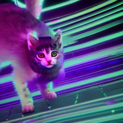 Prompt: neon strips on iridescent kittens cyperpunk 2 0 7 7, unreal engine 5, 8 k ultra realistic, hyperdetailed, volumetric lighting, extremely high quality