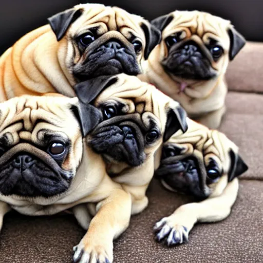 Prompt: 5 pugs stacked on top of each other