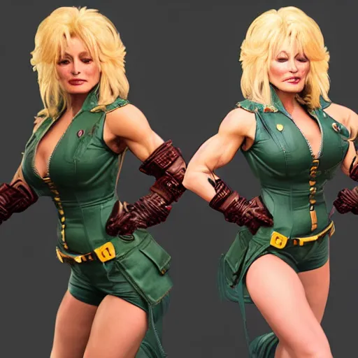 Image similar to dolly parton as cammy street fighter, ultra realistic, concept art, intricate details, highly detailed, photorealistic, octane render, 8 k, unreal engine, art by frank frazetta, simon bisley, brom