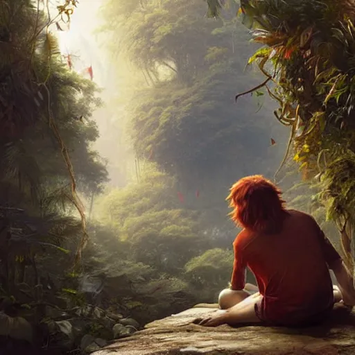 Prompt: a red-haired long-haired teenage boy sitting at a computer, jungle around him, painting by Greg Rutkowski, smooth sharp focus, point of view from behind him