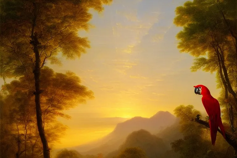 Prompt: gorgeous scarlet macaws flying at sunset in the distance through the forest, jungle mountains in the background, highly detailed, heavenly lighting, trending on art station, very detailed birds, painting by thomas cole