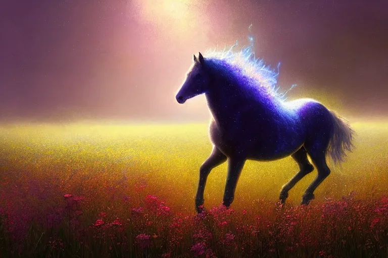 Image similar to a stunning digital painting of a horse with a mane of bioluminescent flowers running through a field of flowers by greg rutkowski, flowercore, volumetric light, digital art, fine detail, photorealistic