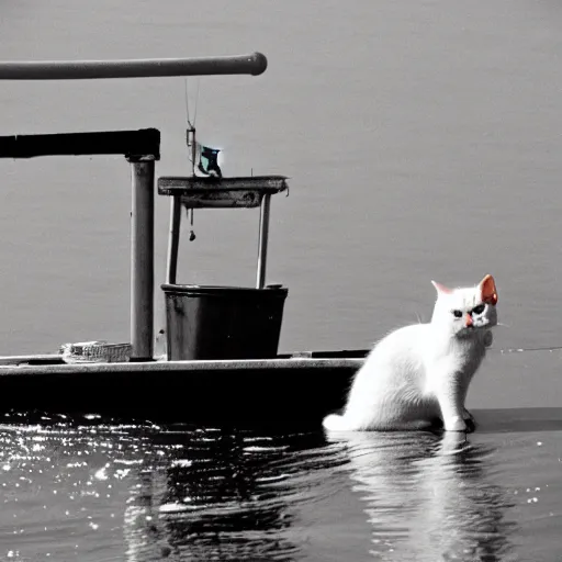 fisherman cat, cat fishing from boat, 35 mm photo | Stable Diffusion ...