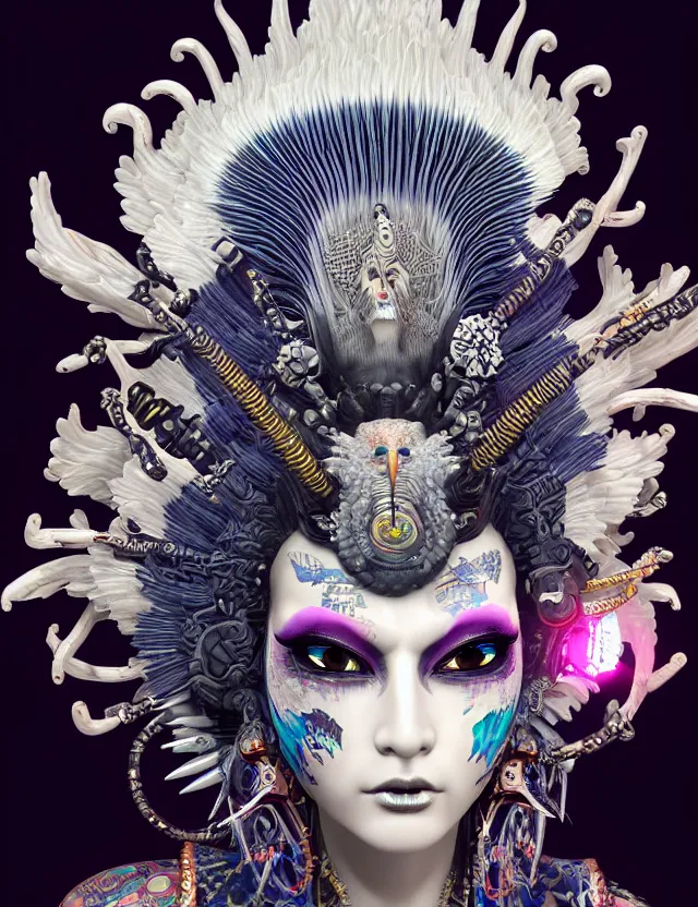 Image similar to 3 d goddess close - up profile portrait punk with mohawk with ram skull. beautiful intricately detailed japanese crow kitsune mask and clasical japanese kimono. betta fish, jellyfish phoenix, bio luminescent, plasma, ice, water, wind, creature, artwork by tooth wu and wlop and beeple and greg rutkowski