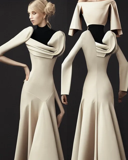 Image similar to ball shaped accordion sleeve haute couture, striking pose, dynamic folds, volume flutter, modeled by designer bust, expert composition, professional retouch