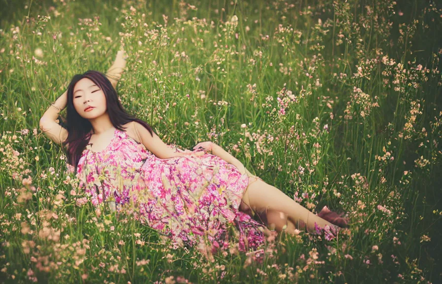 Image similar to a beautiful young Asian woman lying in a field of wildflowers, wearing a sun dress, portrait, dreamy, cinematic, depth of field, glow