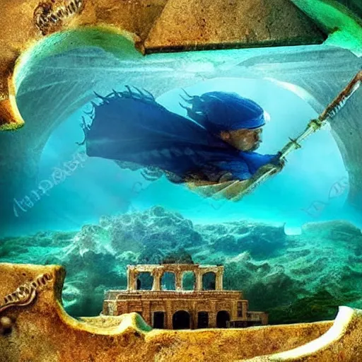 Image similar to Roman empire underwater, Atlantis, spectacular quality, surrealism photography masterpiece, perfect composition