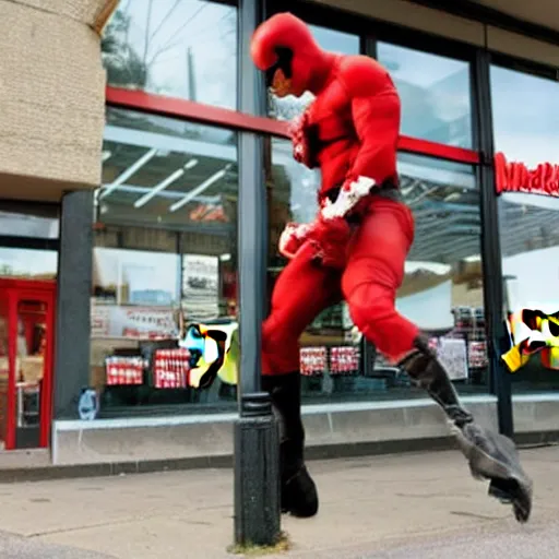 Image similar to daredevil eating mcdonalds