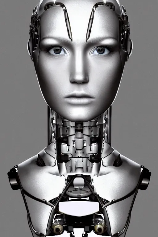 Image similar to robot with human face, female head, full body angle, woman human face, human face realistic, beautiful blonde hair, human head, human head with blonde hair, blonde hair human head, blonde hair, human realistic face, human head skin, cyborg frame concept, cyborg by ales-kotnik, sci-fi android female, the body is made of wires, robotic body, cyborg body, cyborg bust body, robot body cyborg, full body