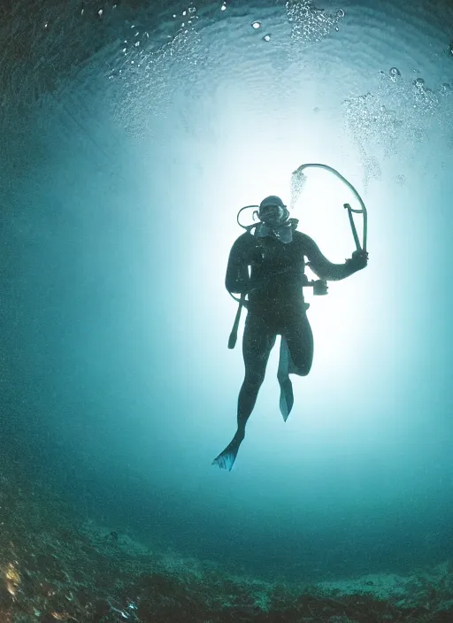 Prompt: cinematic night film of a adventure scuba diver with harpoon in hand in backlight swimming undeerwater, bubbles, dof, fog, cathedral light from above, blue gray lights, bokeh, ominous, dynamic cinematic lighting, hyper real, highly detailed, wetplate, 1 6 k, canon 5 0 mm lens,