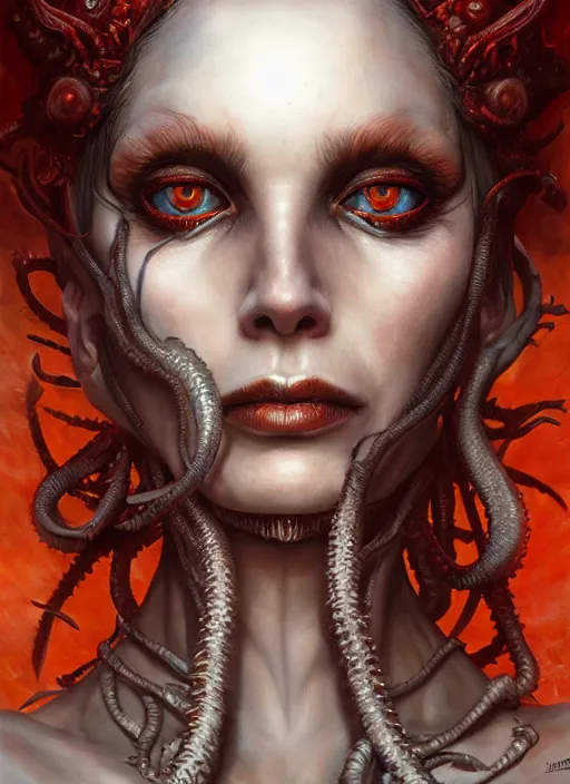 Image similar to a hyper detailed face portrait of the queen of blades, wide eyes, diablo 4 lilith, sideshow figurines, cthulu, by tom bagshaw, artgerm, dorian cleavenger, zdzisław beksinski trending on artstation