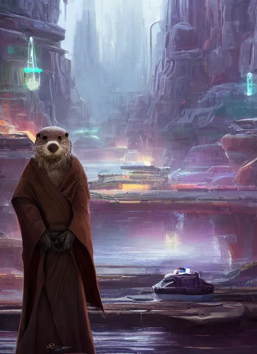 Image similar to portrait, anthropomorphic otter wearing Jedi robes in a futuristic river town. Dramatic lighting, cinematic, establishing shot, extremely high detail, photo realistic, post processed, artstation, matte painting, style by eddie mendoza, raphael lacoste, alex ross