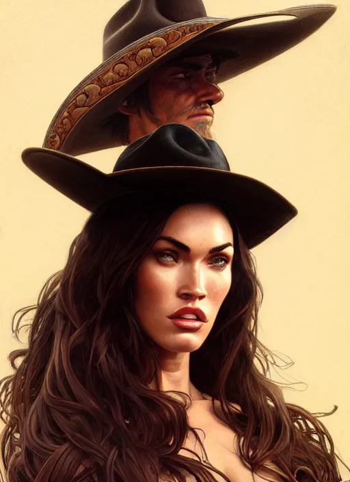 Image similar to portrait of megan fox as cowboy, 1 8 9 0, western, hat, colt, intricate, headshot, highly detailed, digital painting, artstation, concept art, sharp focus, cinematic lighting, illustration, art by artgerm and greg rutkowski, alphonse mucha, cgsociety