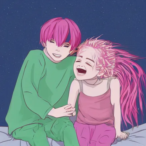 Prompt: a girl and a boy with pink hair sitting on a blanket and laughing at something, each staring into the others’ eyes. Digital art by Mina Tokimori