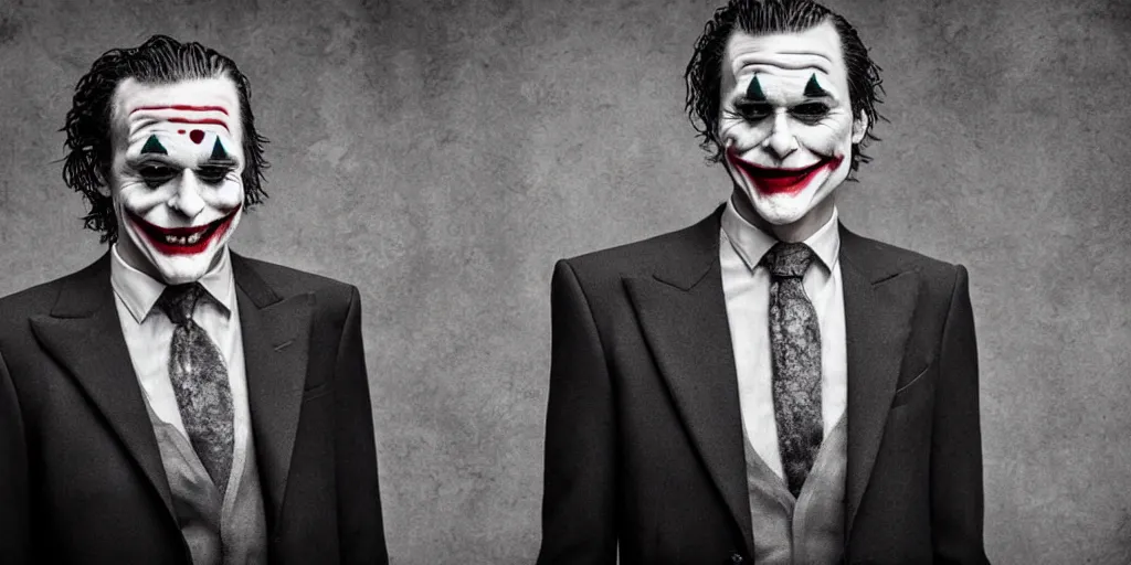 Image similar to joker wearing a suit style, photograph, grinning, creepy,