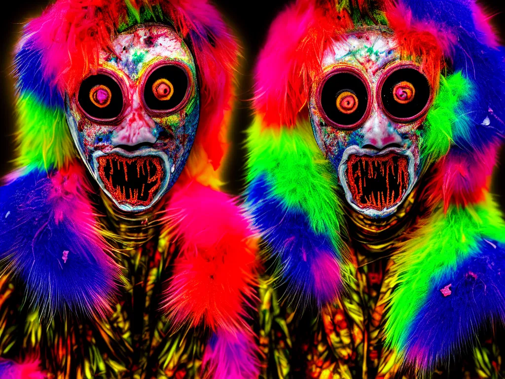 Image similar to a portrait of a beautiful colorful ( flesh - eating ) yamazaku wearing a terrifying mask and covered in rainbow fur, the ground is covered in maggots, seen from a fractal kaleidoscope, schizophrenic hallucination, fear, morbid, nightmare, supernatural, 8 k, hd photography, highly detailed, chiaroscuro, terrifying