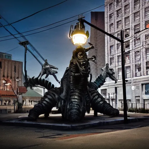 Image similar to deathclaw from fallout drives a subaru, street lighting, downtown environment, wide lens, 2 4 mm, street lamps