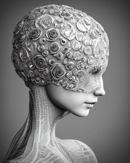 Image similar to mythical dreamy black and white organic bio-mechanical spinal ribbed profile face portrait detail of translucent steampunk beautiful female angelic-human-queen-vegetal-cyborg, highly detailed, intricate crystal ivy jelly ornate, poetic, translucent roses ornate, 3D render, digital art, octane render, 8K artistic photography, photo-realistic, by Dora Maar