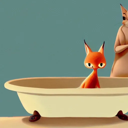 Image similar to Goro Fujita illustrating photo of a cute caracal in a bathtub