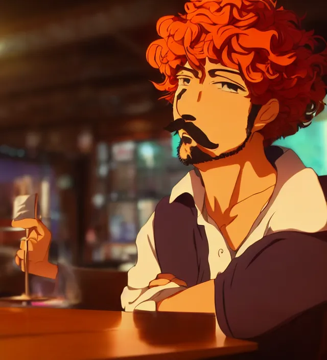 Image similar to close - up anime still of ( ( charming!!!!! latino middle - aged anime protagonist with curly afro and moustache!!! tilting his head charmingly ) late night in an anime bar, cozy lights, detailed orange atmosphere. cinematic rim lighting, global illumination, trending on artstation, hypdertailed, perfect shading, dreamy, masterpiece