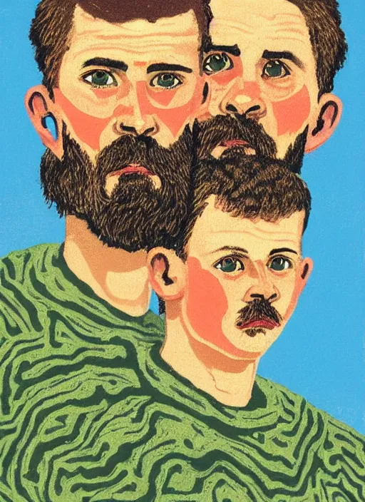 Prompt: an extreme close - up portrait of a man and his brother in a scenic representation of mother nature and the meaning of life by billy childish, thick visible brush strokes, shadowy painting by beal gifford, vintage postcard illustration, minimalist cover art by mitchell hooks