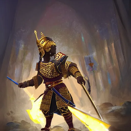 Image similar to a young black boy dressed like an african moorish warrior in gold armor and a crown with a ruby, and a glowing weapon, charging through a dragons lair, for honor character digital illustration portrait design, by adi granov in a cyberpunk style, dramatic lighting, wide angle dynamic portrait