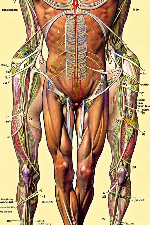 Image similar to extremely psychedelic anatomically accurate diagram of the full human muscular system, full body, intricate parts, fine details, hyper realistic, elegant minimalism, by seichen, alphonse mucha, surreal