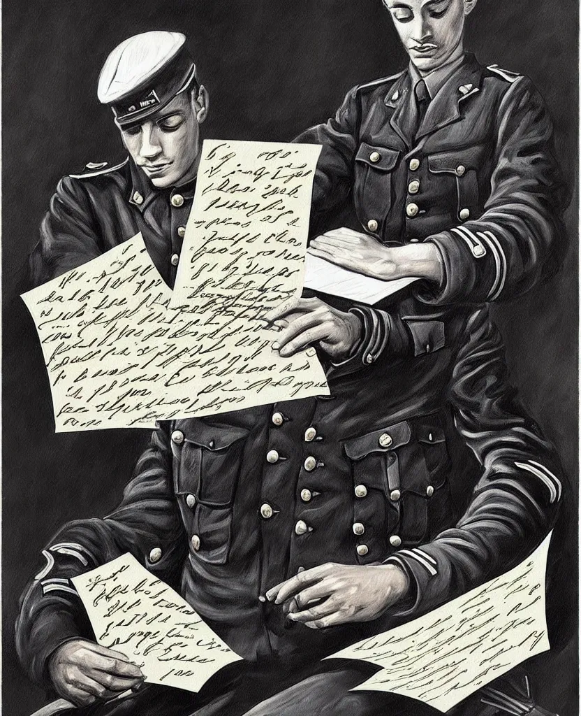 Image similar to a beautiful painting of a soldier's hand writing a letter to home with wwii in background, black and white, painted by escher