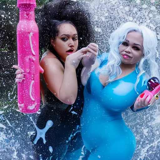 Image similar to photo of doja cat & trisha paytas having a watergun fight, wet, extremely detailed, dslr, 85mm pentax, f/1.3, award winning