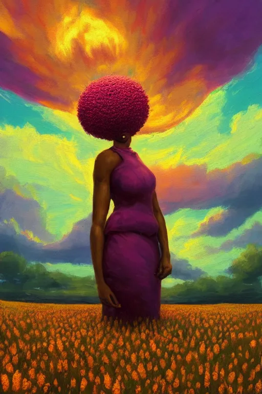 Prompt: closeup, giant flower as a head, african woman in heather field, surreal photography, golden hour, colorful clouds, impressionist painting, digital painting, artstation, simon stalenhag