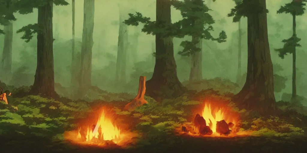 Prompt: award - winning movie still, landscape, dark forest, campfire, by studio ghibli,