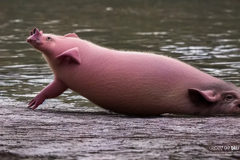 Image similar to a pig platypus!!! hybrid! hyper realistic!! realistic lighting!! wildlife photographer of the year!!! bold natural colors, national geographic, hd, wide angle, 8 k