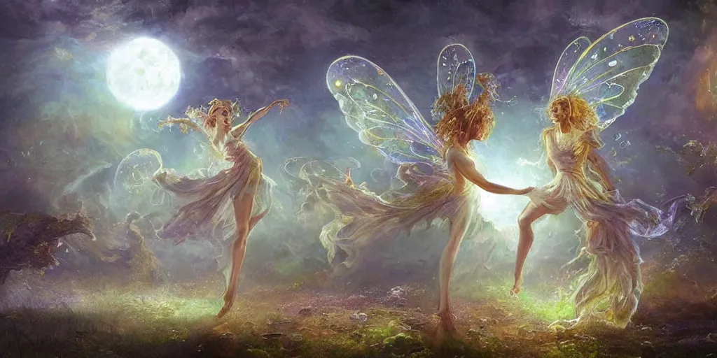 Image similar to concept art of translucent glowing fairies dancing, lovecraftian, renaissance, melting, round moon, rich clouds, fighting the horrors of the unknown, moon rocks, very detailed, volumetric light, mist, fine art, decaying, textured oil over canvas, epic fantasy art, very colorful, ornate intricate shiny scales