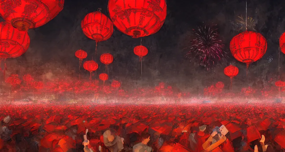 Image similar to craig mullins and ghibli digital art of zhongyuan festival in china ， red lanterns in the sky, black night sky, stars, fireworks, below is the crowd, fireworks, rivers, villages ， unreal engine, hyper realism, realistic shading, cinematic composition, realistic render, octane render, detailed textures, photorealistic, wide shot