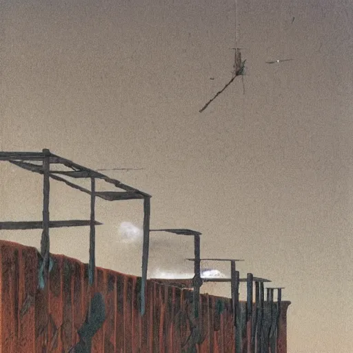 Prompt: painting by peter elson of structures with tile roofs, and peaked wooden roofs, structures blackened to some degree by a patina of soot. structures darkest at the top, where the ash gathered, but rainwaters and evening condensations had carried the stains over ledges and down walls in an uneven gradient.