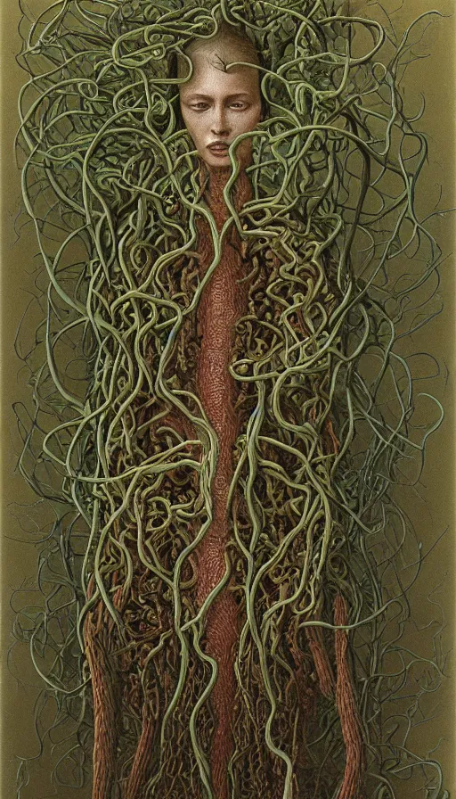 Prompt: very detailed portrait of a 2 0 years old girl surrounded by tentacles, the youg woman visage is blooming from fractal and vines, by zdzisław beksinski