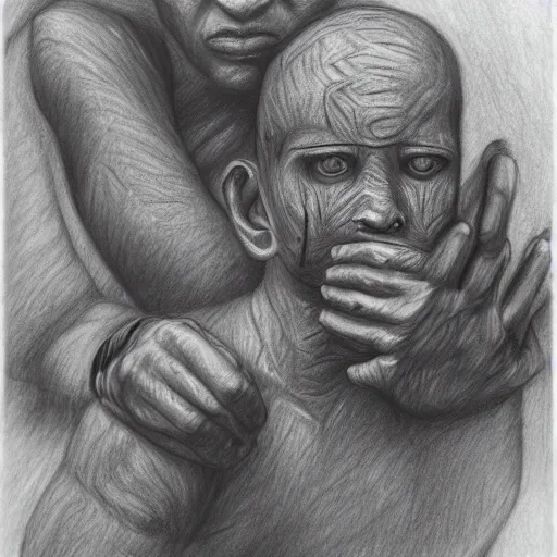 Prompt: mummy puts his hand on the head of a warrior, pencil drawing