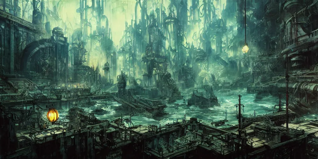 Image similar to concept art of a underwater city, bioshock style, rapture, dark atmosphere, hanafuda oil on canvas by ivan shishkin, james jean and yoji shinkawa