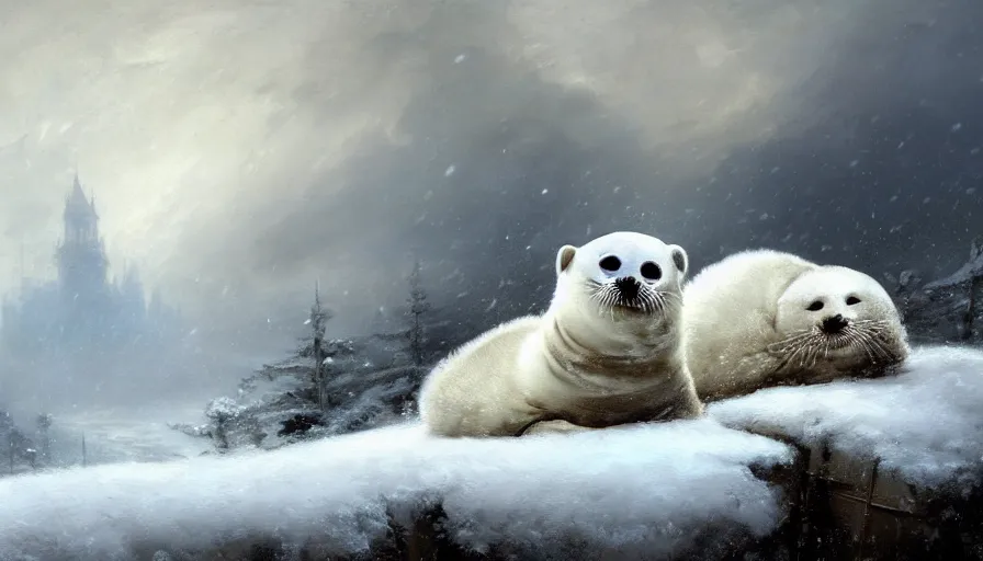 Image similar to highly detailed painting of cute furry white baby seals cuddled up in a cardboard box in a snowy cloudy sky castle by william turner, by greg rutkowski, by william constable, by greg tocchini, thick brush strokes and visible paint layers, 4 k resolution, retrowave colour scheme