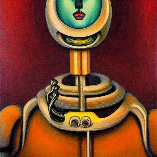 Image similar to biomechanical robot with soulful eyes portrait, lowbrow, pj crook, grant wood, edward hopper, oil on canvas