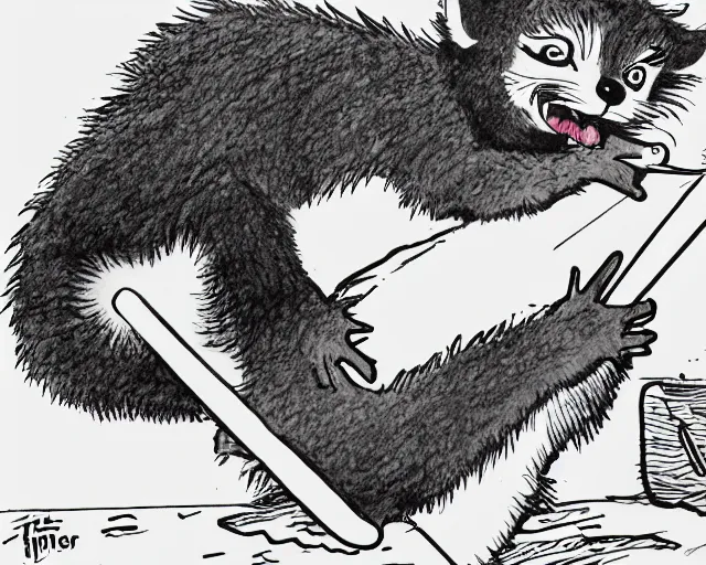 Image similar to a bill waterson drawing of a lemur eating a popsicle