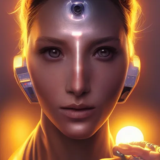 Image similar to a realistic detailed beautiful portrait of a cybernetic woman eating a glowing orb, cyberpunk concept art, digital art, highly detailed, intricate, sci-fi, sharp focus, Trending on Artstation HQ, deviantart, unreal engine 5, 4K UHD image, hyperrealistic, photorealistic, art by artgerm and greg rutkowski and alphonse mucha