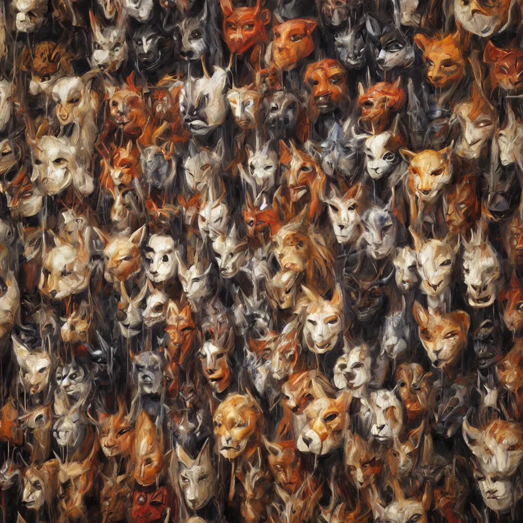 Prompt: a painting of a collection of animal masks hanging on a wall, by julie bell, detailed, concept art, trending on artstation, low light, dramatic