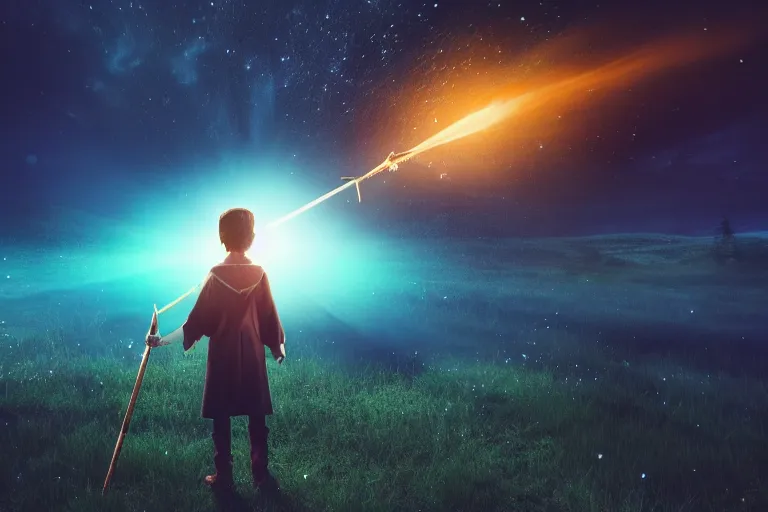 Image similar to a young wizard points their wand, a blast of bright magic flies from the end of the wand, on an empty moonlit moor, dramatic lighting, lens flare, cinematic photography